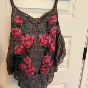 Charlotte Russe Gray Lace Off the Shoulder Bodysuit with Pink Floral Embroidery
